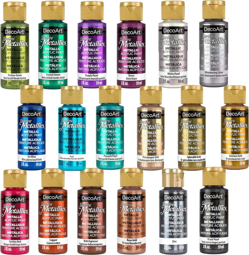 DecoArt Americana Acrylics Paint DAZZLING METALLICS, Set of 18 Popular Colors, 2 fl oz Bottle (Pack of 18) - Image 1